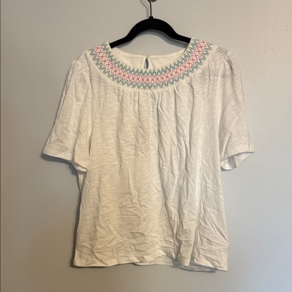 Boden Embroidered Puff Sleeve Smocked Blouse - White Pink Green Floral US 16/18